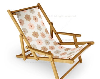 Sling Chair Heart Daisies Cream Beach Chair Daisy Pattern Recliner Patio Chair Folding Lounge Chair Light Seaside Daisy Sling Chair