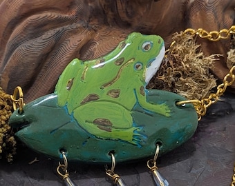 Rana: Hand-painted frog & lily pad Ppendant on gold-toned stainless steel necklace, witch cottagecore goblincore fairycore jewelry