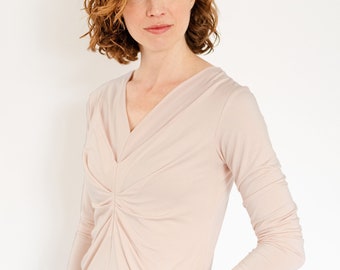 V Neck Top with Tucks in XS-XXXL in red, pink, rust, olive, blush, white, teal & more