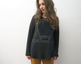 SALE: Handmade Knit Sweater for Women with Hand loomed fabric, smocking and quilted details