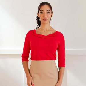 SALE: The Florence Top, soft cowl neck top with sleeves. The perfect go-to top in red image 1