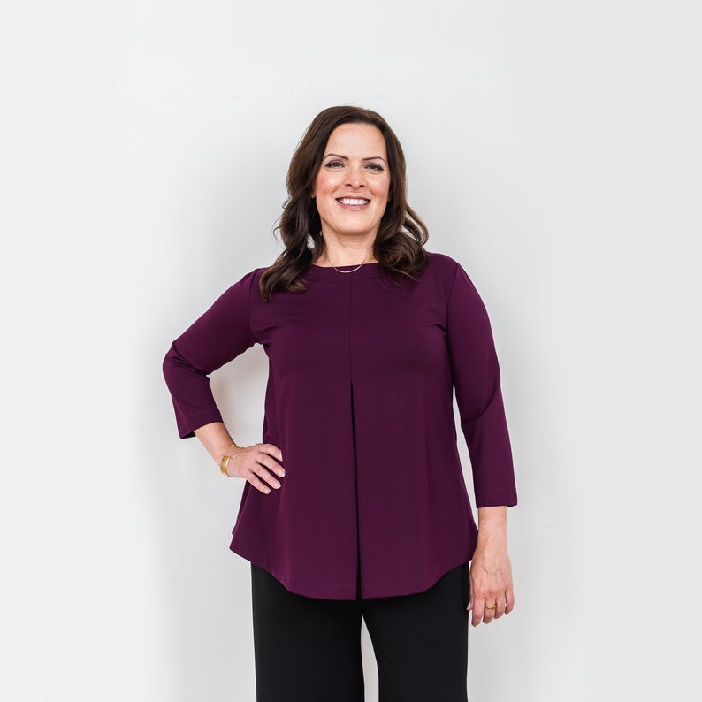 Fit & flare top: buttery soft cotton blend top with three-quarter sleeves and front pleat detail in sizes XS-XXXL choose from 50 colors image 8