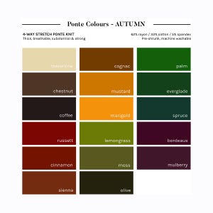 Puede incluir: Una carta de colores que muestra 15 tonos diferentes de marrón, verde, naranja y rojo. Los colores están etiquetados con nombres como "travertino", "coñac", "castaño", "mostaza", "everglade", "café", "caléndula", "abeto", "rojizo", "hierba limón", "burdeos", "canela", "musgo", "morera", "siena" y "oliva".