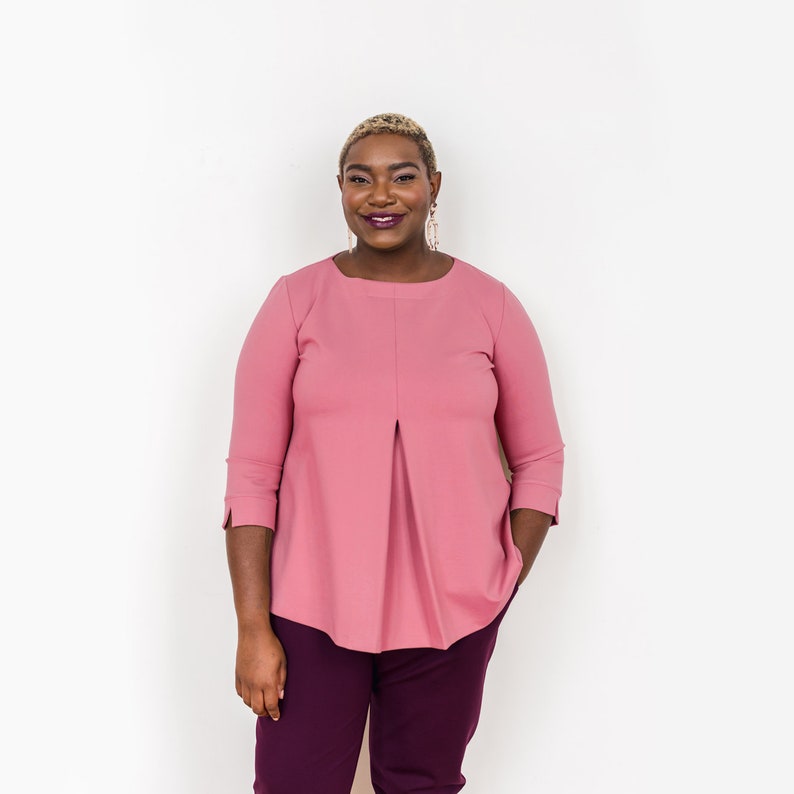 Fit & flare top: buttery soft cotton blend top with three-quarter sleeves and front pleat detail in sizes XS-XXXL choose from 50 colors image 6