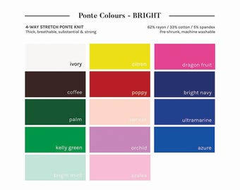May include: A color chart showing 18 different colors of fabric. The colors are arranged in a grid of six columns and three rows. The colors are named in the chart, including ivory, citron, dragon fruit, coffee, poppy, bright navy, palm, apricot, ultramarine, kelly green, orchid, azure, bright mint, and azalea.