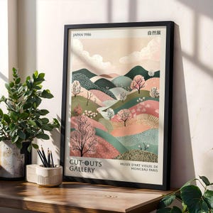 Cherry Blossom Landscape Poster Japanese Spring Art Print Pastel Nature Wall Decor Abstract Floral Hills Yayoi Kusama Style Wall Art Poster