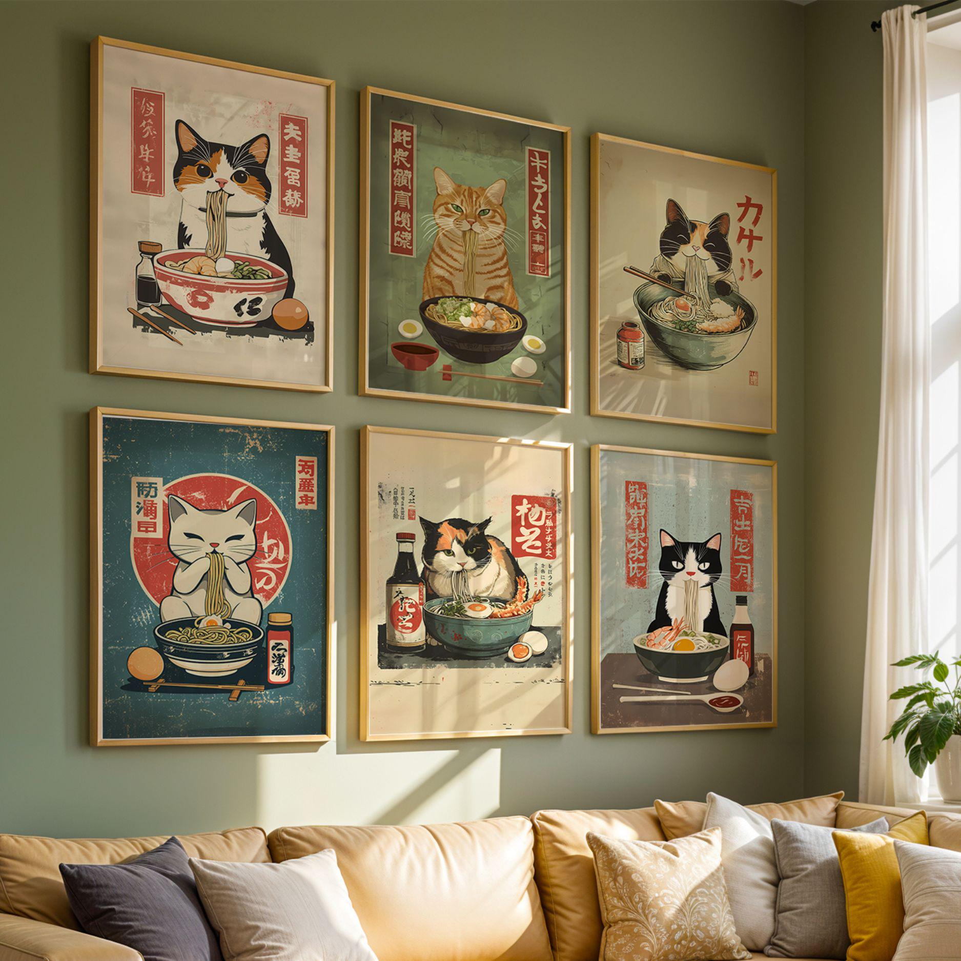 Orange Tabby Cat Ramen Poster Japanese Noodle Art Retro Tokyo Kitchen ...