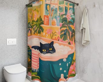 Cute Black Cat Bathroom Matisse Shower Curtain Whimsical Green Botanical Tub Curtain Funny Cat Bath Art Henri Matisse Art Bathroom Decor