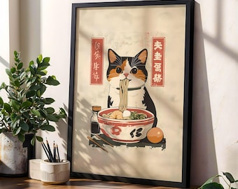 Calico Cat Ramen Poster Japanese Noodle Art Cute Hungry Cat Wall Art Print Retro Tokyo Kitchen Print Edo Style Noodle Cat Lover Poster Print