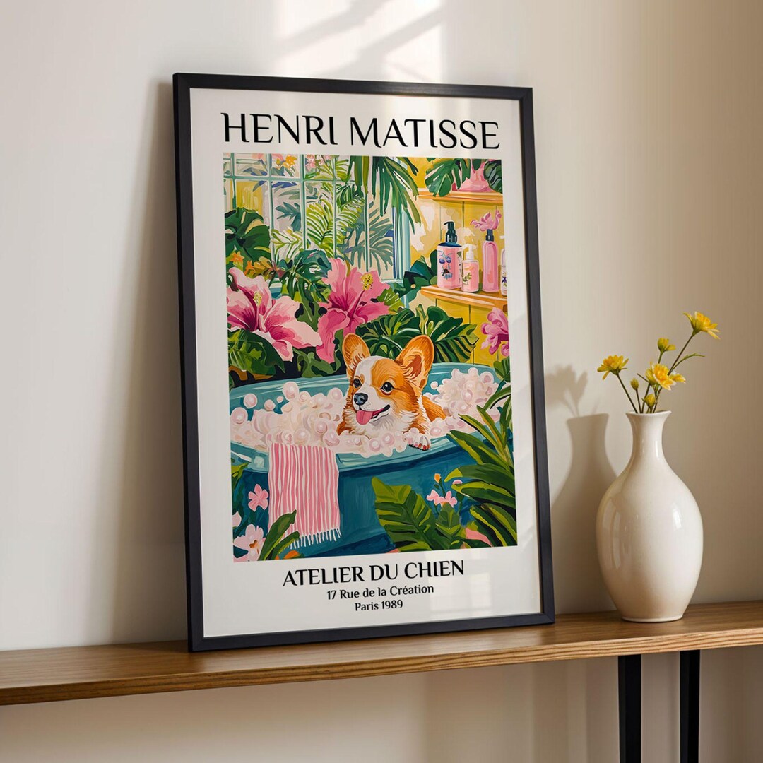 Corgi Bathroom Art Print Henri Matisse Style Dog Poster Colorful Bubble ...