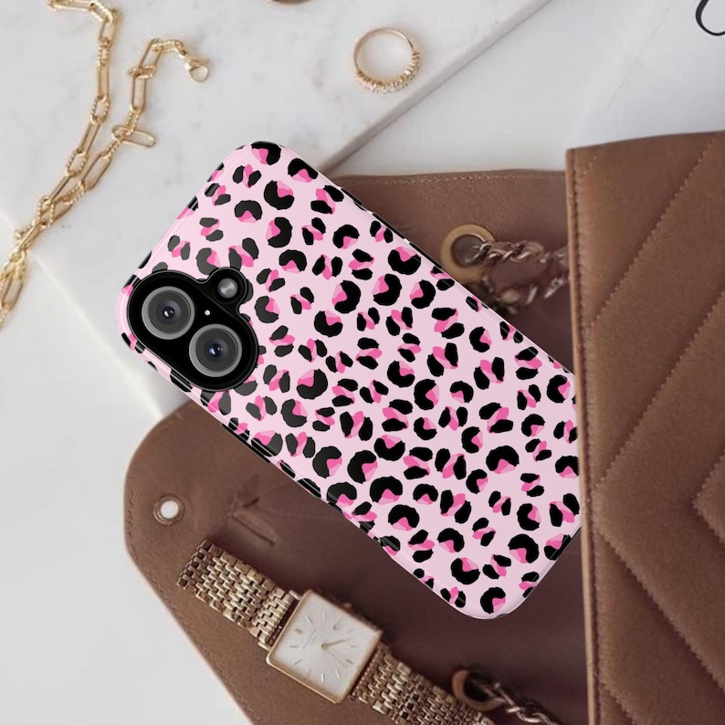 Pink Leopard Aesthetic Phone Case Trendy Y2K Cute Pattern iPhone 16 15 14 13 12 11 Pro Max Samsung S24 Pixel 9 MagSafe Tough Phone Cover