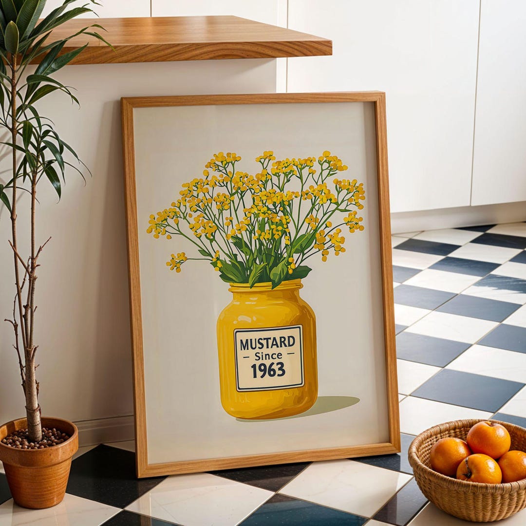 Mustard Poster Yellow Kitchen Wall Art Mustard Jar With Flowers Retro ...