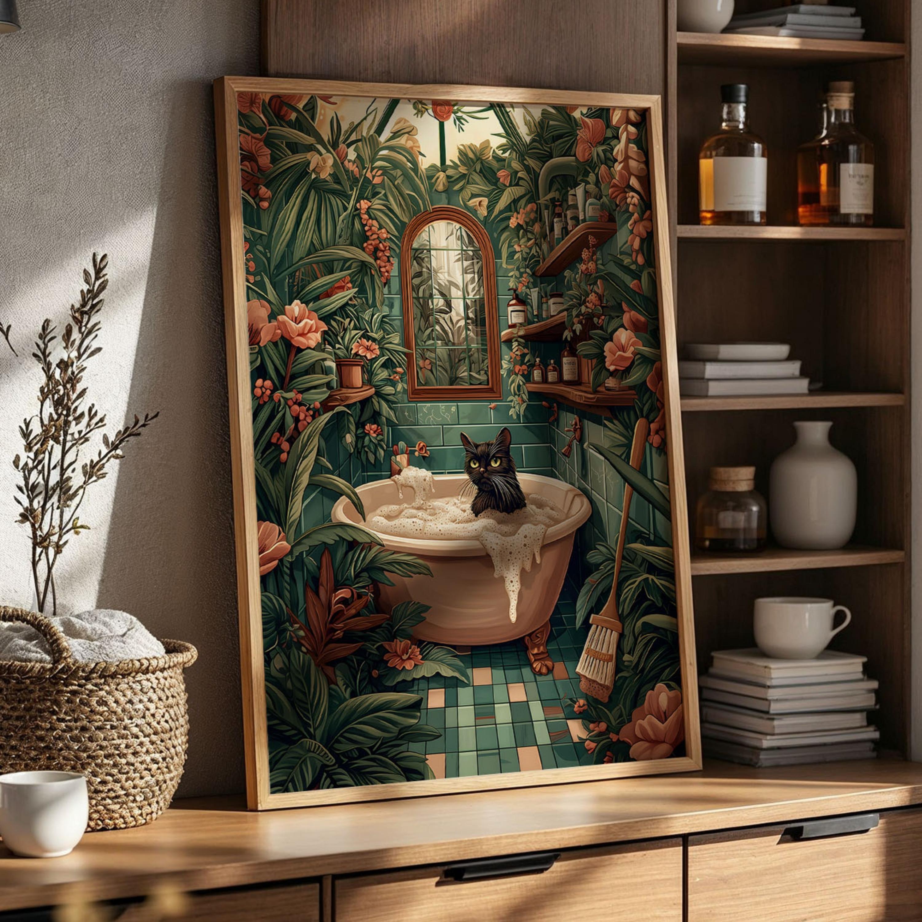 Black Cat Bathroom Poster Funny Jungle Bathroom Art Botanical Spa Wall ...