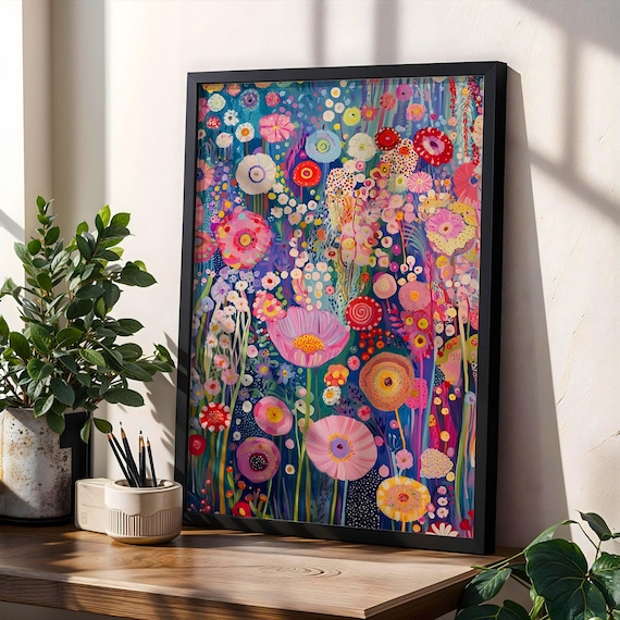 Gustav Klimt Pink Wildflower Art Print Poster Botanical Gold