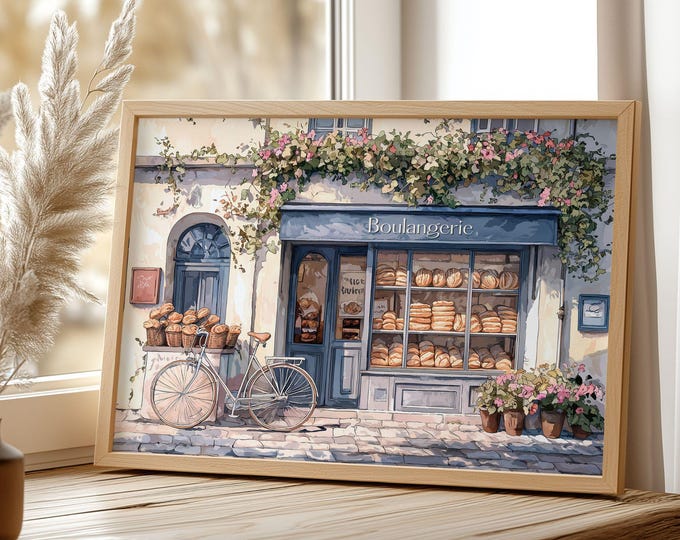 French Bakery Art Print Horizontal Cafe Wall Art Vintage Parisian Kitchen Decor Whimsical Pastry Illustration Cozy Boulangerie Poster Print