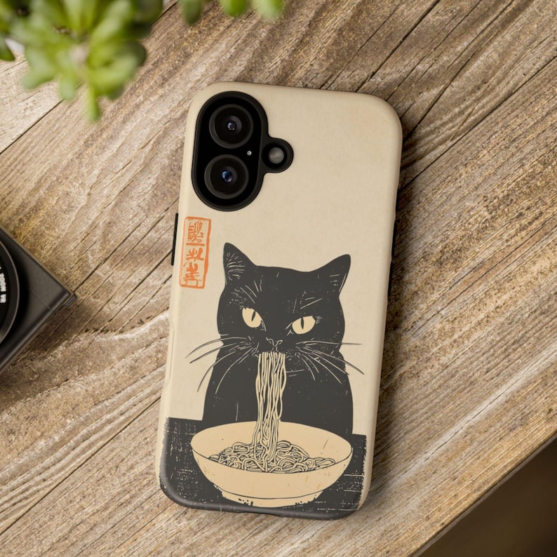 Vintage Ramen Cat Phone Case Japanese Food Art Retro Aesthetic iPhone 16 15 14 Pro Max Samsung S24 Pixel 9 MagSafe Tough Cover