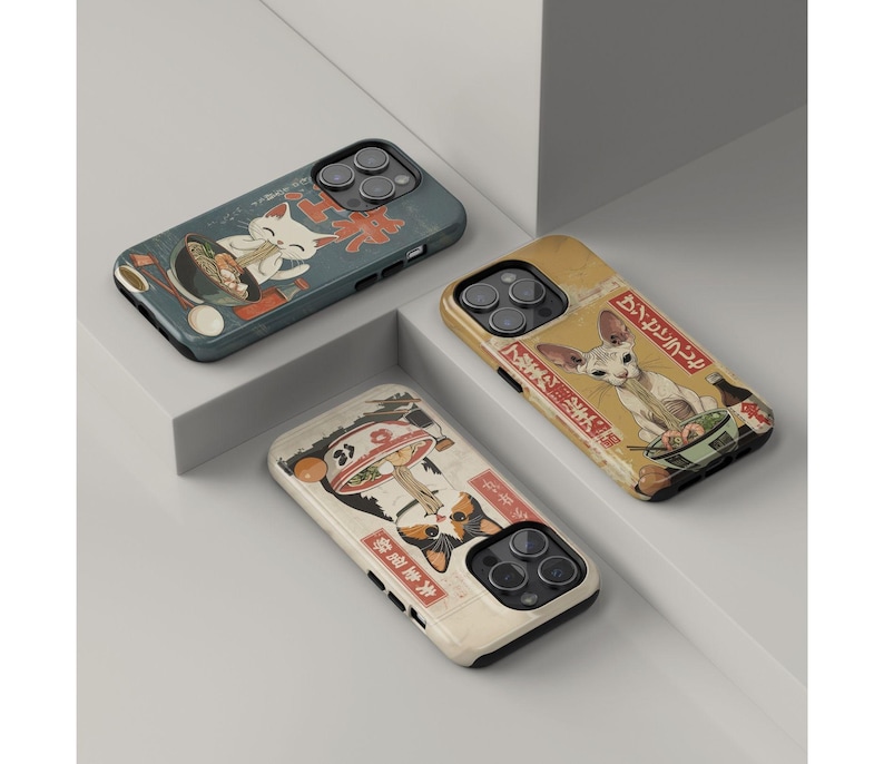 Vintage Ramen Cat Phone Case Japanese Food Art Retro Aesthetic iPhone 16 15 14 Pro Max Samsung S24 Pixel 9 MagSafe Tough Phone Cover