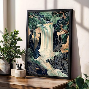 Impression d&#39;art mural cascade japonaise ligne or paysage affiche décoration nature zen pour chambre salon ou espace de méditation Art mural esthétique