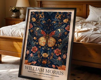 William Morris Inspired Butterfly Poster Moody Floral Wall Art Vintage Insect Print Victorian Botanical Decor Dark Nature Art Print Gift