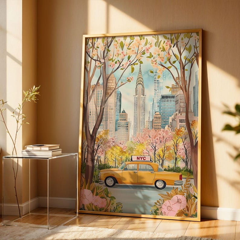 NYC Yellow Taxi in Bloom Print New York Wall Art Retro Cityscape Spring ...