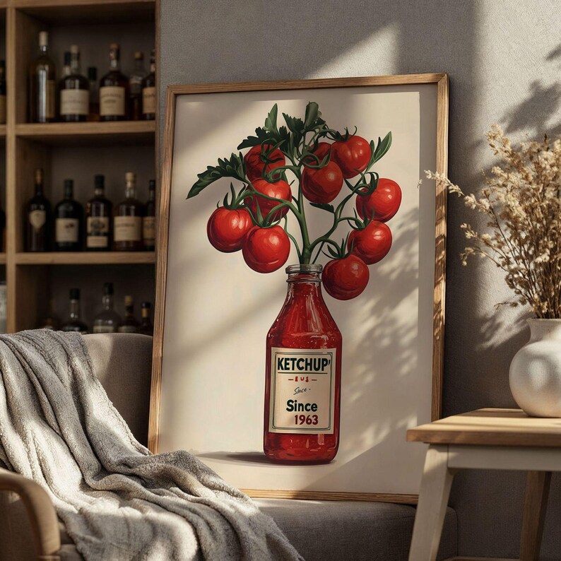 Ketchup Tomato Poster Retro Kitchen Wall Art Vintage Ketchup Bottle with Tomatoes Red Kitchen Decor Funny Tomato Painting Wall Art Poster