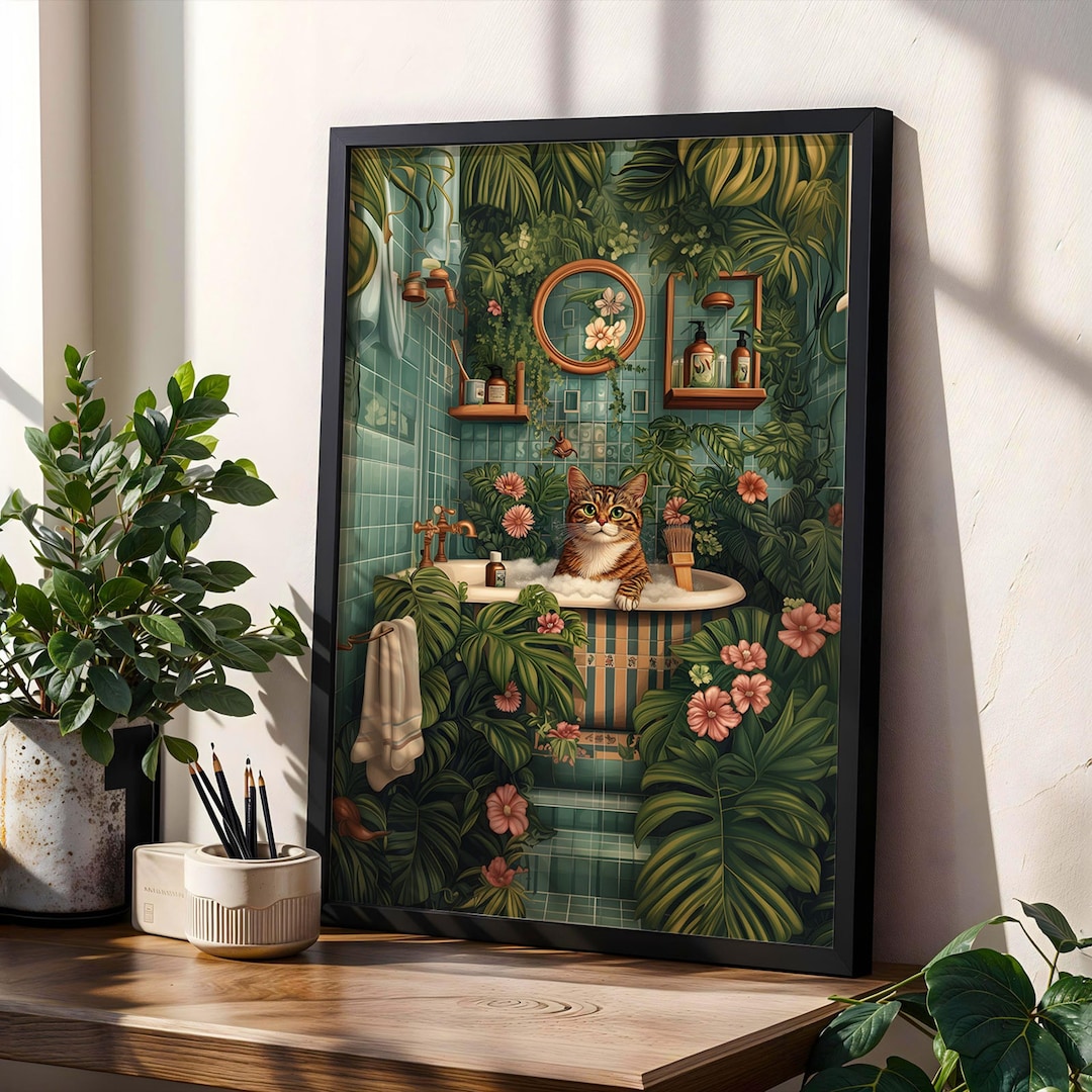 Tabby Cat Bathroom Poster Funny Jungle Bathroom Art Botanical Spa Wall ...