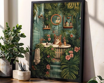 Tabby Cat Bathroom Poster Funny Jungle Bathroom Art Botanical Spa Wall Decor Cat in Bathtub Print Moody Green Floral Room Aesthetic Print