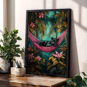 Black Panther Jungle Art Print Tropical Wall Decor Exotic Animal Poster Pink Hammock Dark Moody Wall Art for Maximalist Boho Wall Art Poster
