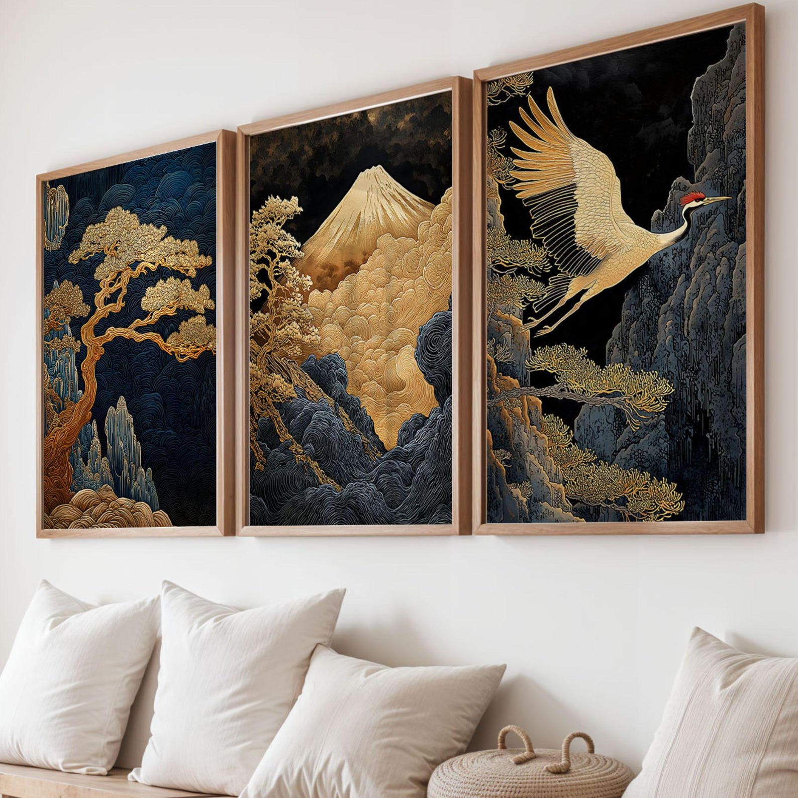 Japanese Gold Crane Wall Art Set of 3 Japandi Poster Wabi Sabi Mountain ...