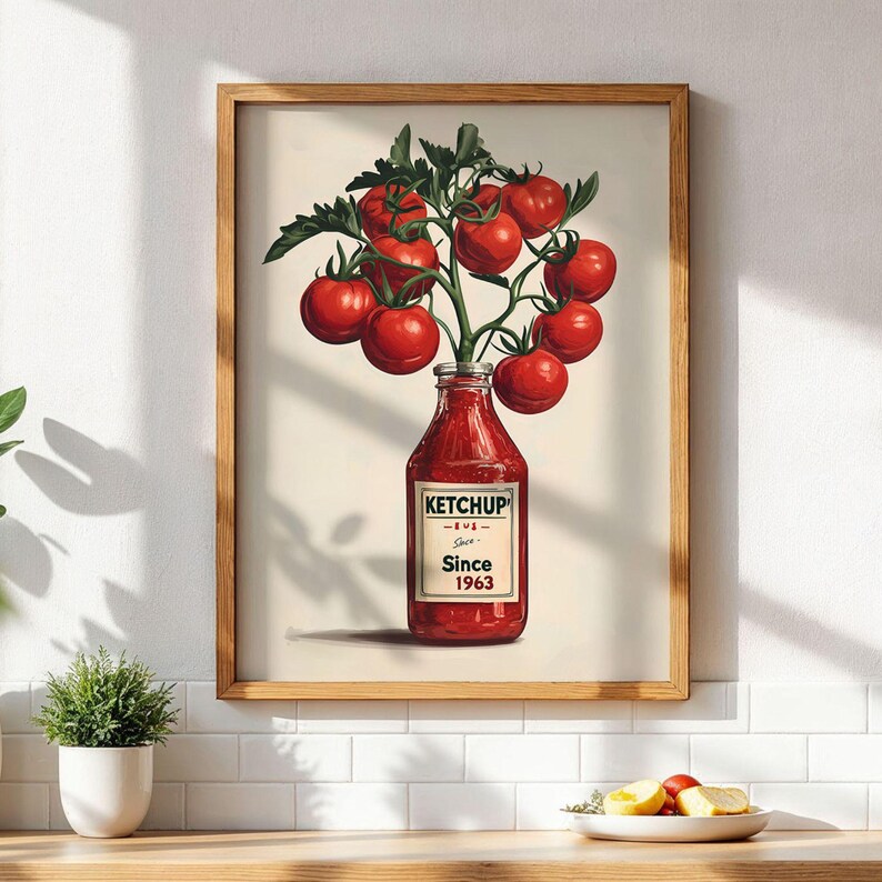 Ketchup Tomato Poster Retro Kitchen Wall Art Vintage Ketchup Bottle with Tomatoes Red Kitchen Decor Funny Tomato Painting Wall Art Poster