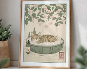 Tabby Cat in Bathtub Print Japanese Bathroom Art Minimalist Neutral Wall Decor Aesthetic Poster for Living Room Bedroom Gift