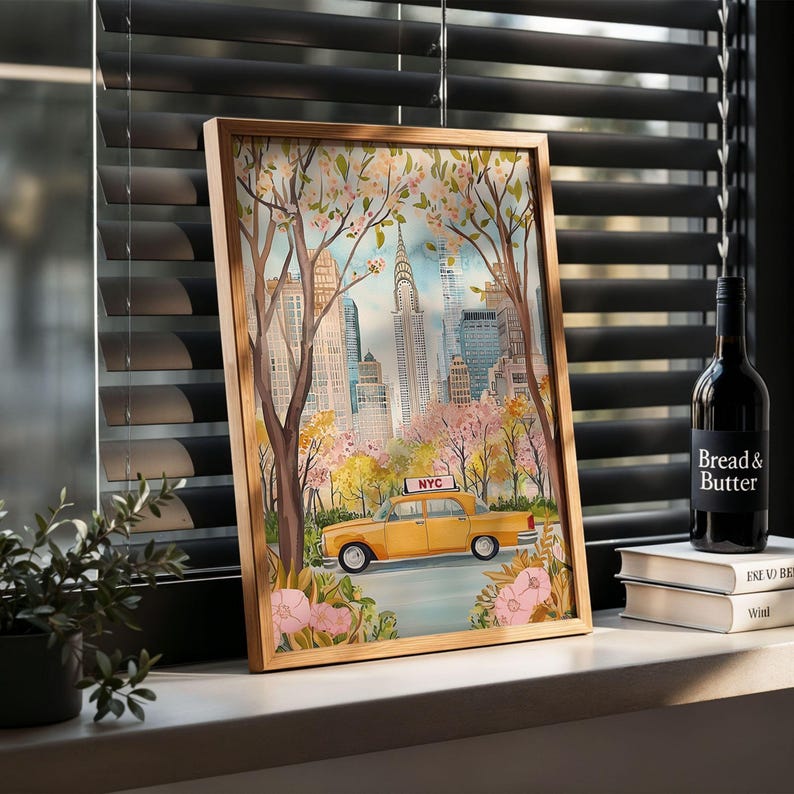 NYC Yellow Taxi in Bloom Print New York Wall Art Retro Cityscape Spring ...