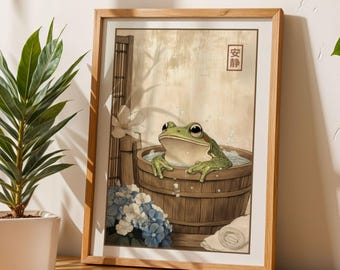 Japanese Frog Bath Art Japanese Bathroom Poster Relaxing Frog Wall Art Japandi Decor Minimalist Bathroom Wall Decor Japanese Wall Art Gift