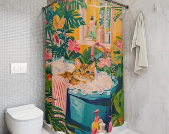 Cute Tabby Cat Bathroom Matisse Shower Curtain Whimsical Green Botanical Tub Curtain Funny Cat Bath Art Henri Matisse Art Bathroom Decor