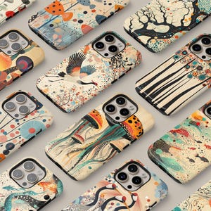 May include: A collection of ten colorful phone cases with various abstract designs. The cases feature a variety of patterns, including mushrooms, flowers, trees, and geometric shapes. The cases are all made of a durable material and are designed to protect your phone from scratches and drops.