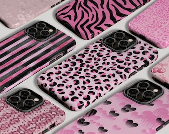 Pink Leopard Aesthetic Phone Case Trendy Y2K Cute Pattern iPhone 16 15 14 13 12 11 Pro Max Samsung S24 Pixel 9 MagSafe Tough Phone Cover