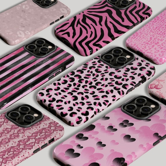 Pink Leopard Aesthetic Phone Case Trendy Y2K Cute Pattern iPhone 16 15 14 13 12 11 Pro Max Samsung S24 Pixel 9 MagSafe Tough Phone Cover