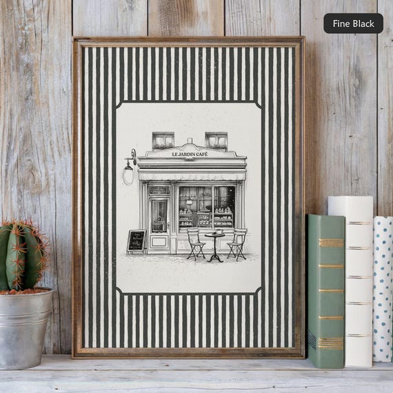Le Jardin Café Poster Print Fine Black Ink French Coffee Shop Line Drawing Sage Green Beige Striped Paris Wall Art Print Custom Gift