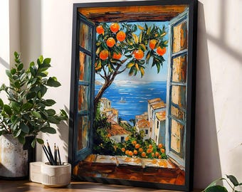 Op de afbeelding: Een ingelijst schilderij toont een kustlandschap door een open raam. Het kunstwerk toont een sinaasappelboom met fruit, met uitzicht op een blauwe zee en een dorp met witte gebouwen. Het schilderij is in een zwart frame.