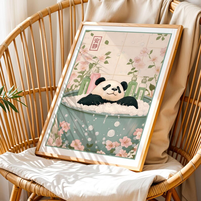 Cute Panda in Bathtub Print Japanese Bathroom Art Minimalist Neutral ...