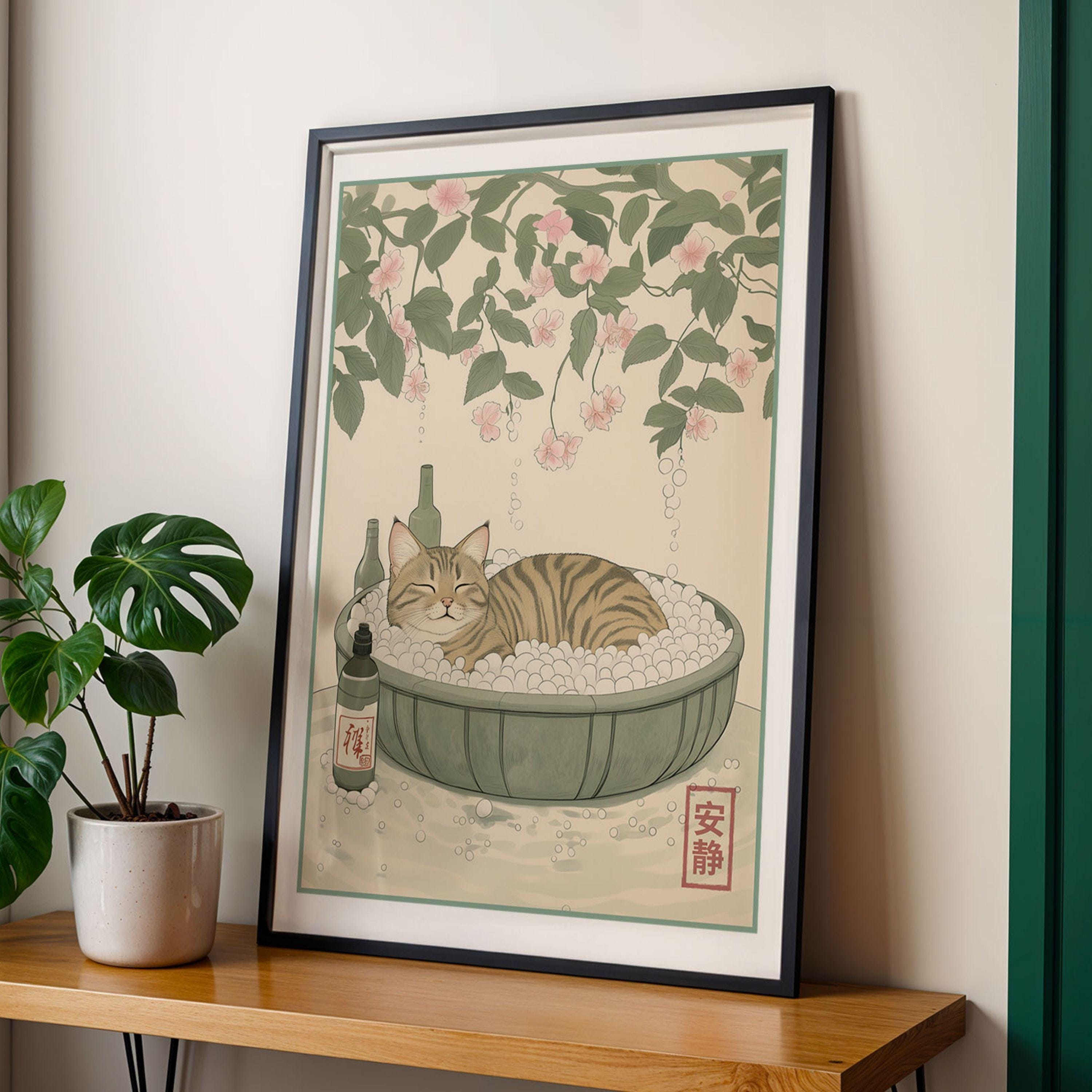 Tabby Cat in Bathtub Print Japanese Bathroom Art Minimalist Neutral ...