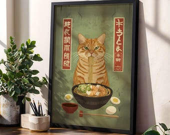 Orange Tabby Cat Ramen Poster Japanese Noodle Art Retro Tokyo Kitchen Wall Decor Edo Style Hungry Cat Print Noodle Cat Lover Poster Print