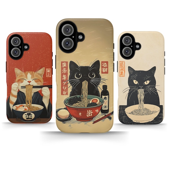Vintage Ramen Cat Phone Case Japanese Food Art Retro Aesthetic iPhone 16 15 14 Pro Max Samsung S24 Pixel 9 MagSafe Tough Cover