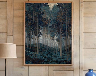 May include: A framed art print depicting a forest scene with tall, slender trees and a dense undergrowth. The artwork features a palette of deep blues, greens, and touches of gold, creating a serene and atmospheric landscape.