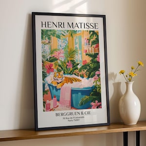 Tiger in Bathtub Print Tropical Pink Bathroom Wall Art Matisse Inspired Animal Poster Aesthetic Spa Decor for Home Wall Art