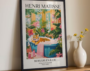 Tiger in der Badewanne Print Tropical Pink Badezimmer Wandkunst Matisse Inspiriert Tier Poster Ästhetisches Spa-Dekor für Haus Wandkunst