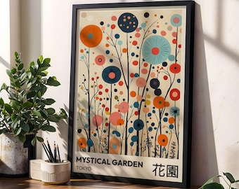 May include: A framed print with a colorful abstract design of flowers and circles. The print is titled "Mystical Garden" and has the text "Tokyo" and "花園" in Japanese.