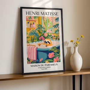Sloth Bathroom Art Print Henri Matisse Style Funny Animal Poster Colorful Bubble Bath Wall Decor Jungle Gallery Wall Paris Retro Poster Gift