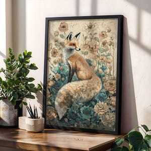 Impressão de arte de parede elegante de raposa, ilustração de animal azul-petróleo e bege, decoração vintage de floresta botânica, arte de natureza maximalista, impressão de floresta