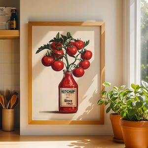 Ketchup Tomato Poster Retro Kitchen Wall Art Vintage Ketchup Bottle with Tomatoes Red Kitchen Decor Funny Tomato Painting Wall Art Poster